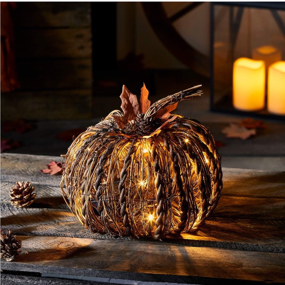 October thanksgiving Rustic Woven Pumpkin Decor LED
